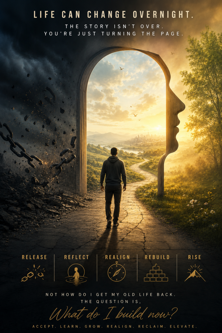 A surreal cinematic illustration of a person walking through a doorway shaped like a human profile, moving from a dark landscape of broken chains and collapse into a bright landscape filled with light, possibility, and a path toward a new future.