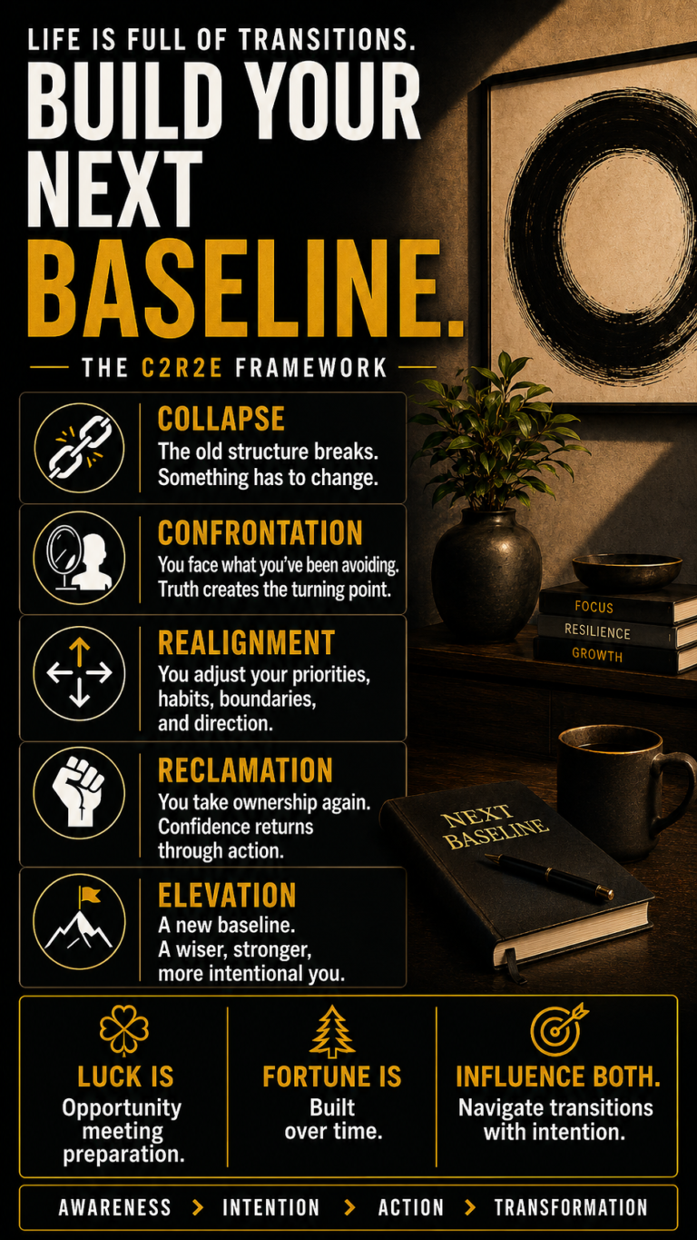 Vertical cinematic infographic showing the C2R2E life transition framework with the words Build Your Next Baseline, explaining Collapse, Confrontation, Realignment, Reclamation, and Elevation.