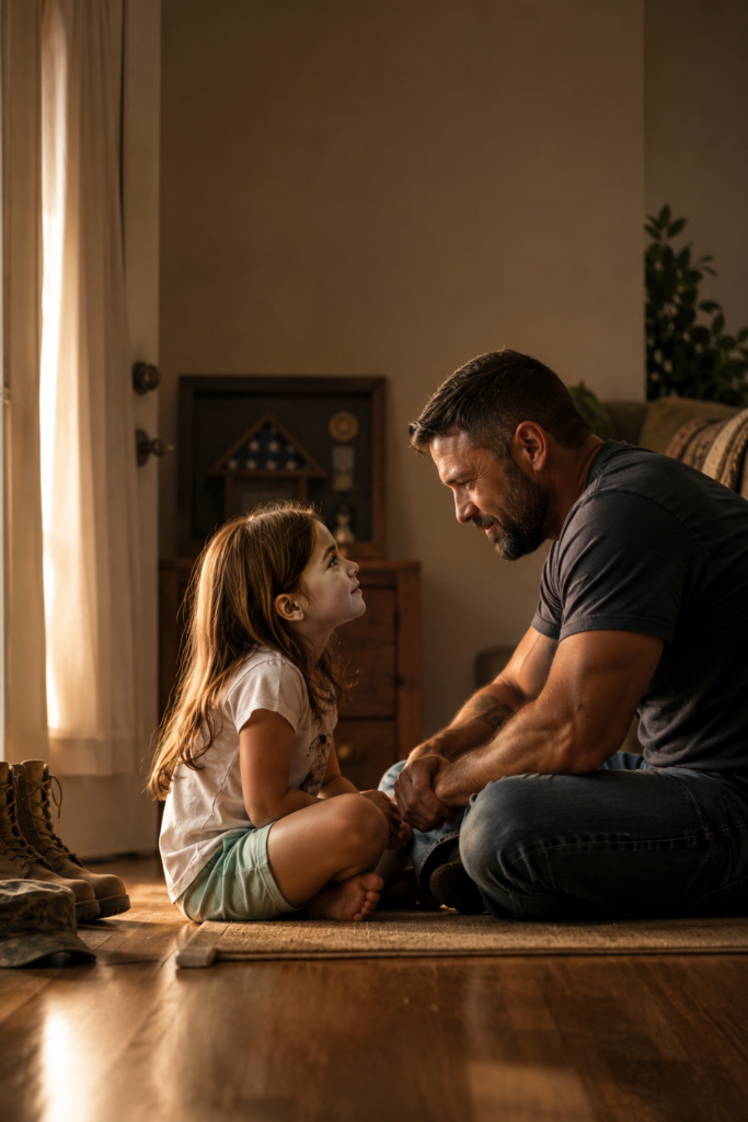 A veteran father sits with his young daughter at home in warm light, showing a quiet moment of reconnection, presence, and family healing after military service.