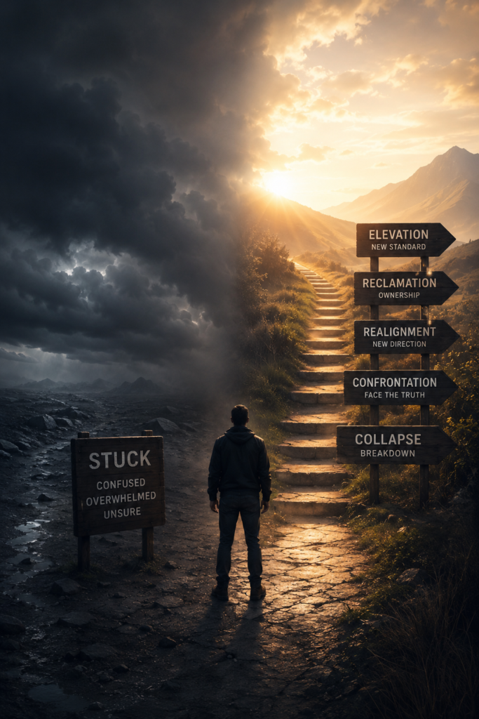 Cinematic vertical image of a person standing between a dark uncertain path and a clear upward path representing feeling stuck, clarity, and transformational resilience.