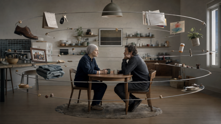 A cancer patient and loved one sit together as everyday objects orbit around them, symbolizing how a diagnosis reorganizes health, family, identity, and daily life.