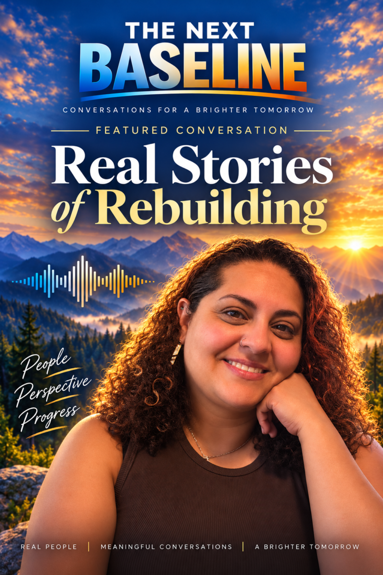 Featured conversation graphic for The Next Baseline with Debbie DeJesus smiling in front of a mountain sunrise, with the text “Real Stories of Rebuilding” and “People, Perspective, Progress.”