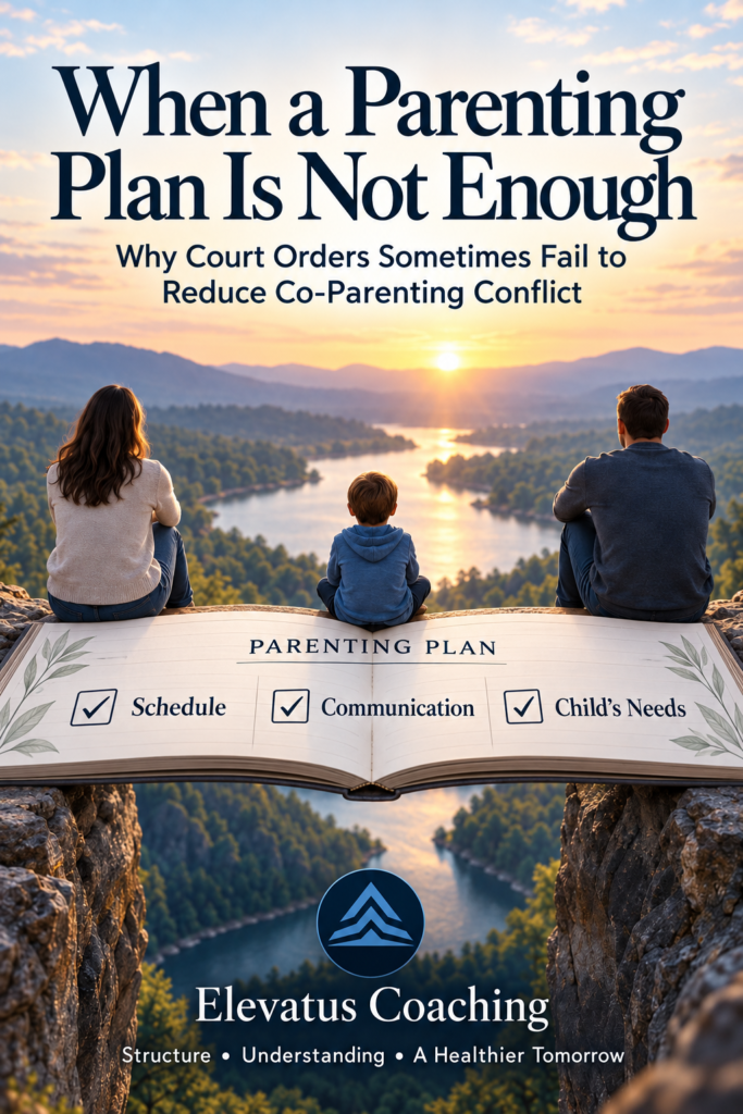 Separated parents and child overlooking a river with a parenting plan bridging the gap, representing co-parenting conflict, structure, and communication.